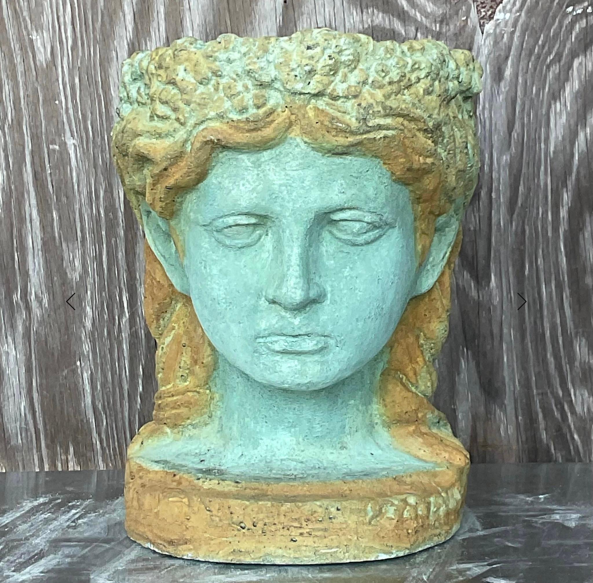 Vintage Coastal Cast Cement Female Head Planter In Good Condition For Sale In west palm beach, FL
