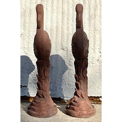 Vintage Coastal Cast Cement Flamingo Statues, a Pair