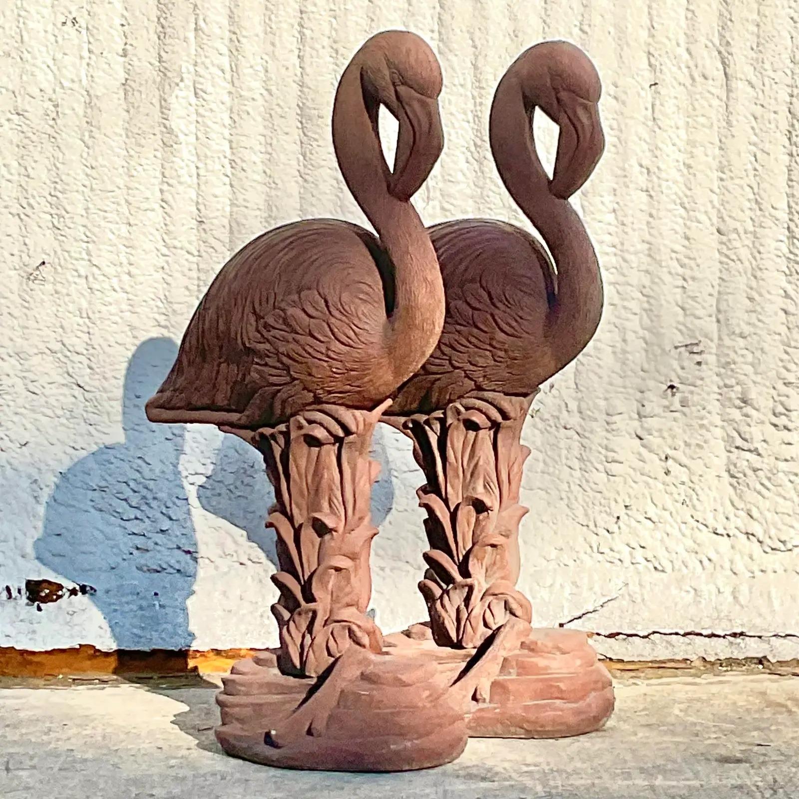 North American Vintage Coastal Cast Cement Flamingo Statues, a Pair