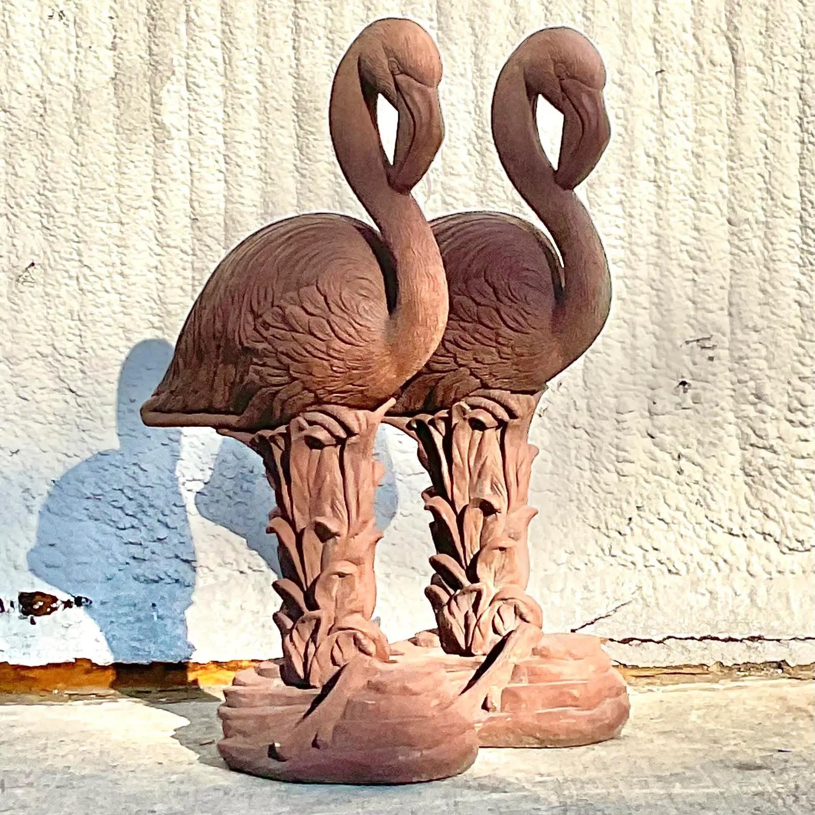 Vintage Coastal Cast Cement Flamingo Statues, a Pair In Good Condition In west palm beach, FL