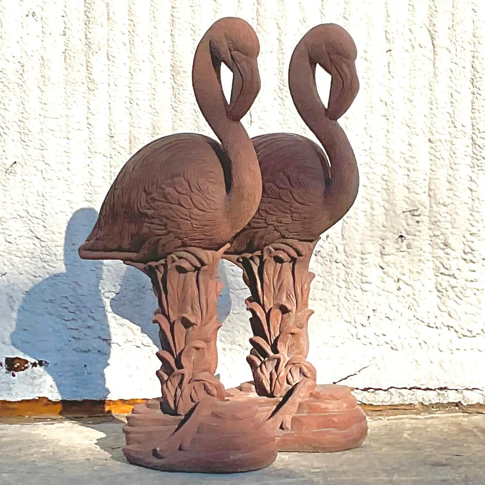 20th Century Vintage Coastal Cast Cement Flamingo Statues, a Pair