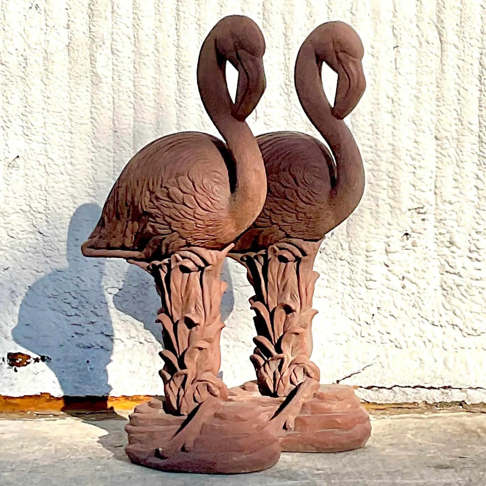 Concrete Vintage Coastal Cast Cement Flamingo Statues, a Pair