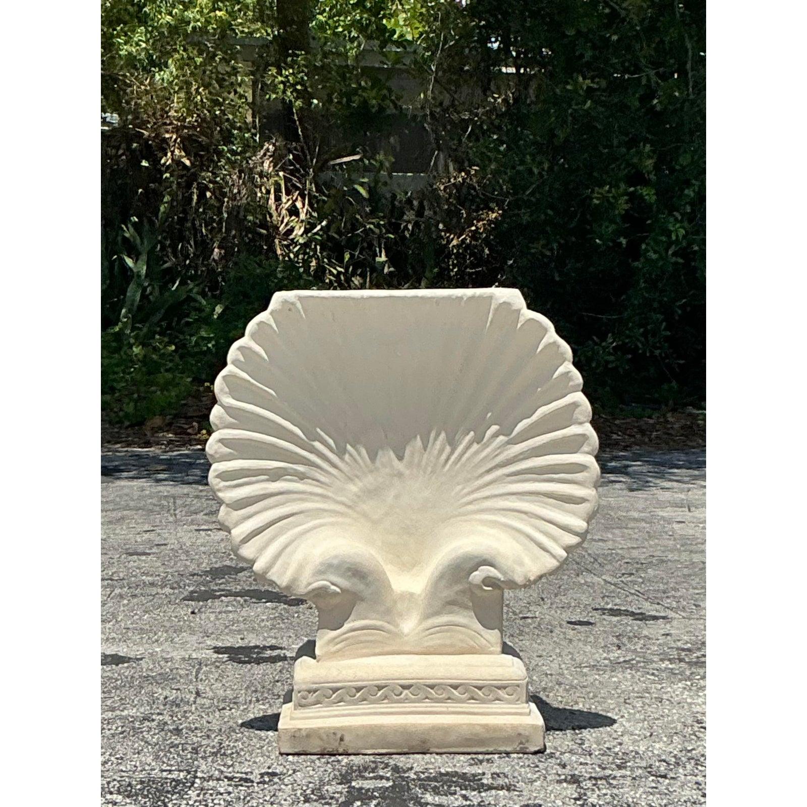 Neoclassical Vintage Coastal Cast Concrete Clam Shell Console Table Pedestal For Sale
