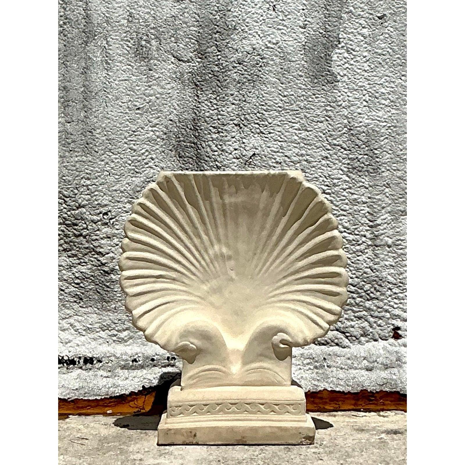 American Vintage Coastal Cast Concrete Clam Shell Console Table Pedestal For Sale