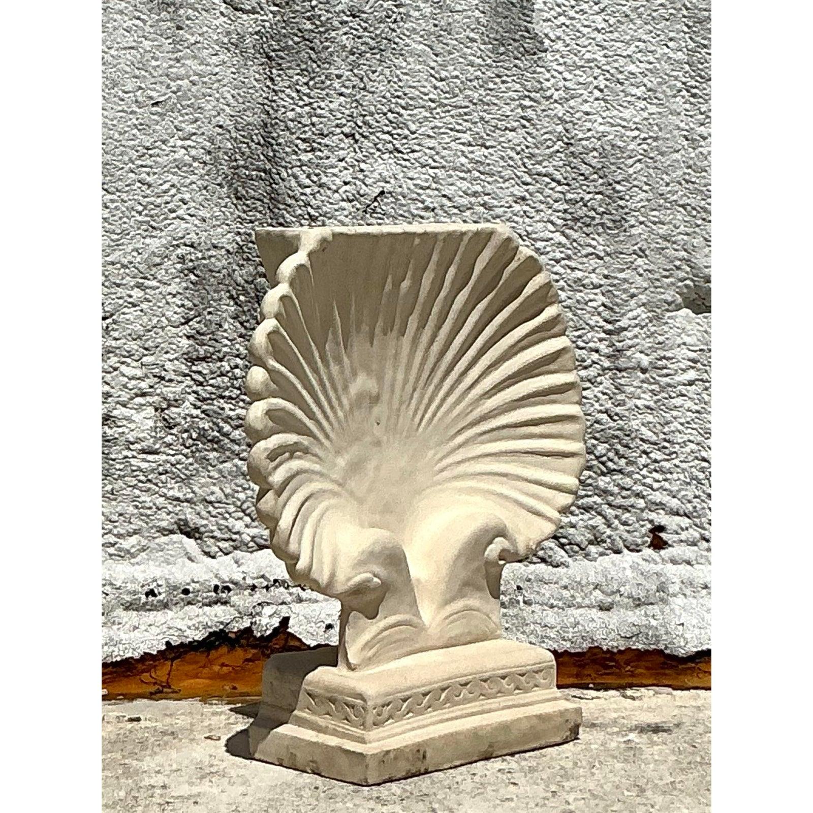Vintage Coastal Cast Concrete Clam Shell Console Table Pedestal In Good Condition For Sale In West Palm Beach, FL