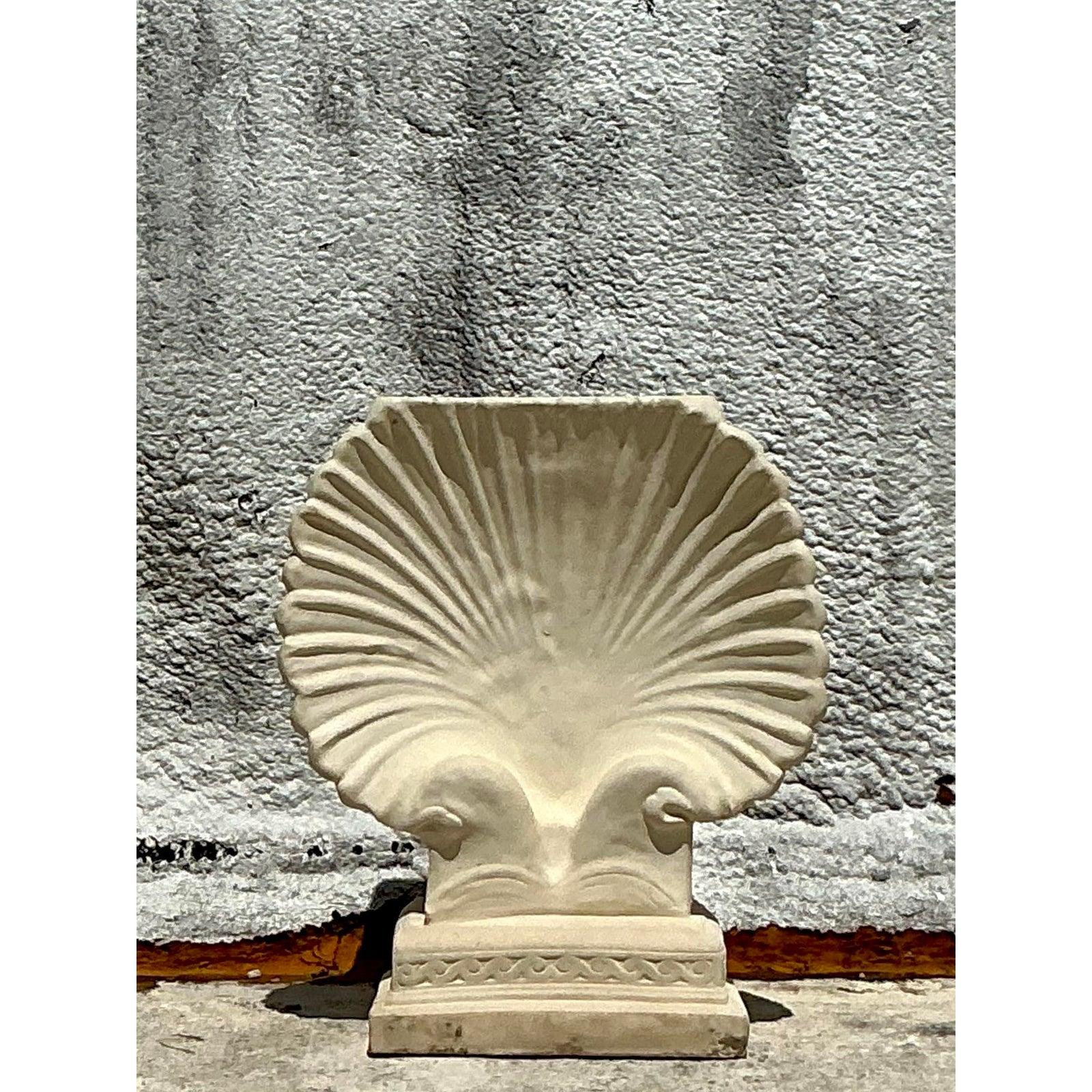20th Century Vintage Coastal Cast Concrete Clam Shell Console Table Pedestal For Sale