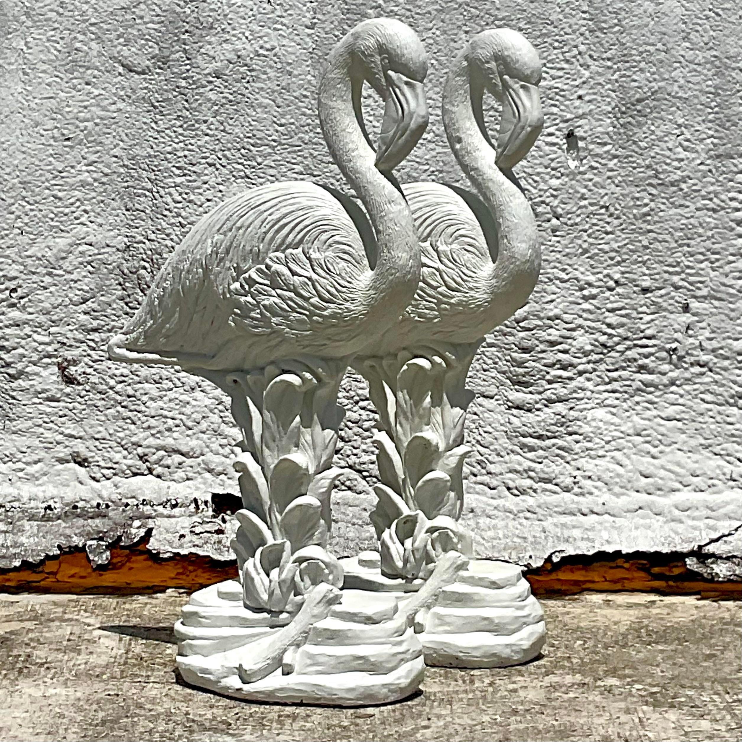 Vintage Coastal Cast Concrete Flamingos - a Pair In Good Condition For Sale In west palm beach, FL