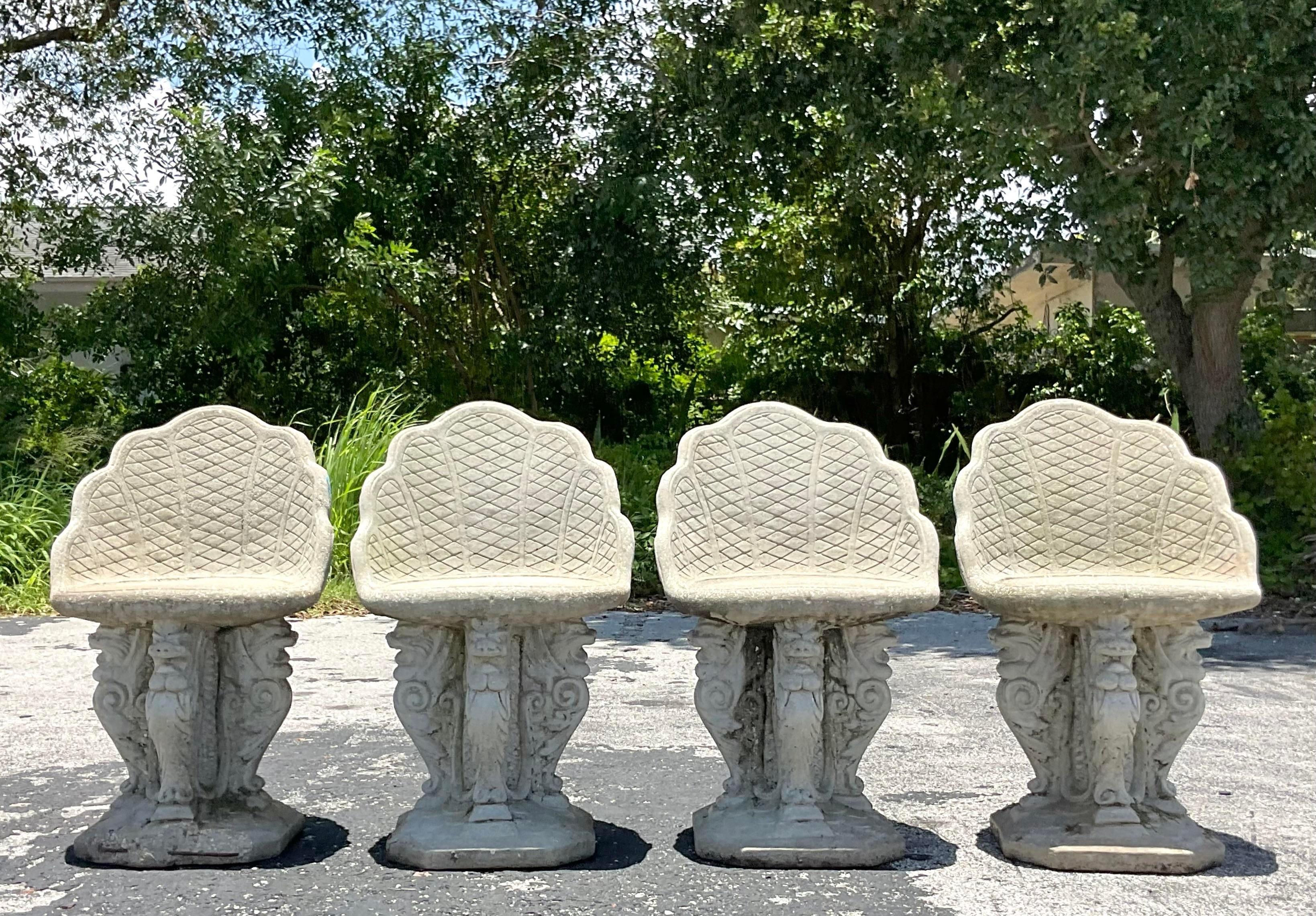 Vintage Coastal Cast Concrete Grotto Chairs - Set of Four In Good Condition For Sale In west palm beach, FL