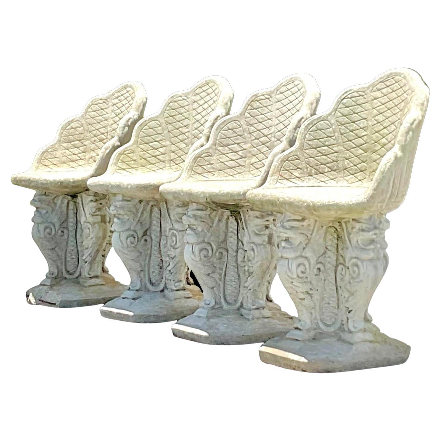 Chaises de jardin vintage en béton moulé de bordure côtière - Lot de quatre