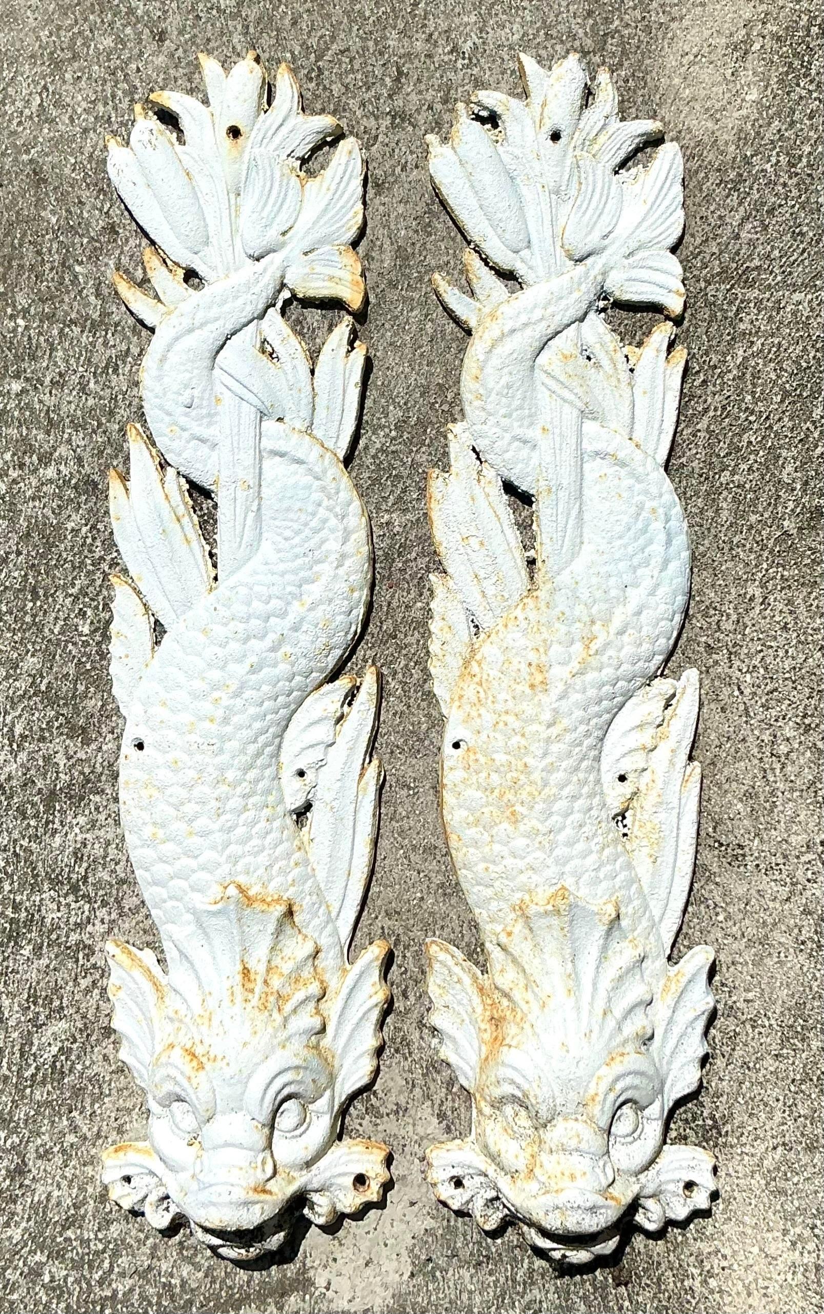 American Vintage Coastal Cast Iron Dolphin Wall Plaques - a Pair For Sale