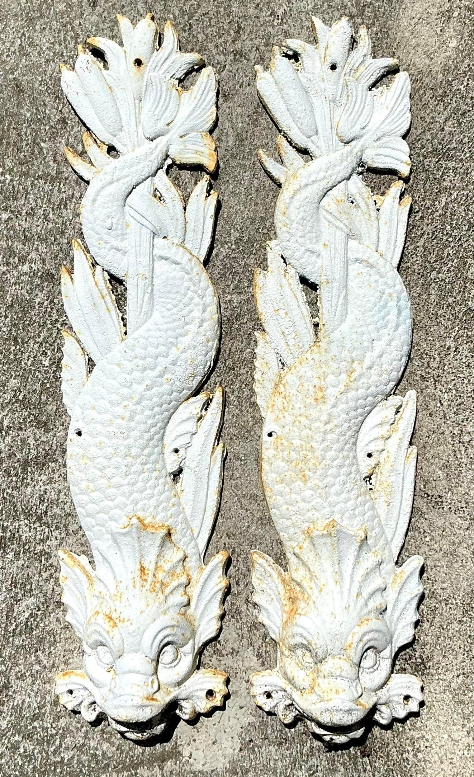 Vintage Coastal Cast Iron Dolphin Wall Plaques - a Pair In Good Condition For Sale In west palm beach, FL