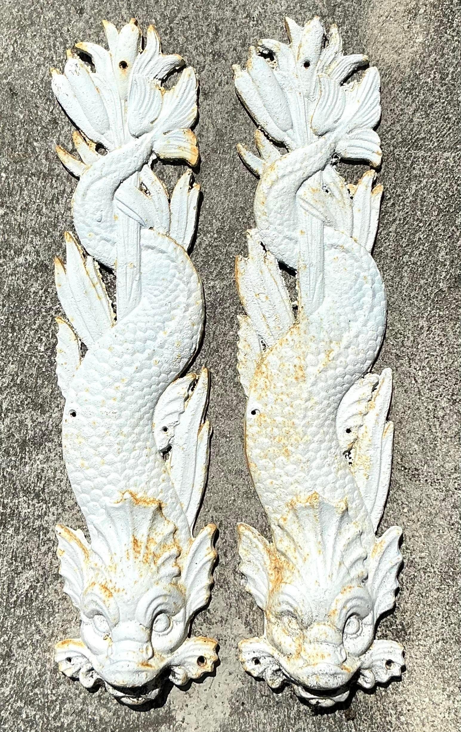 20th Century Vintage Coastal Cast Iron Dolphin Wall Plaques - a Pair For Sale