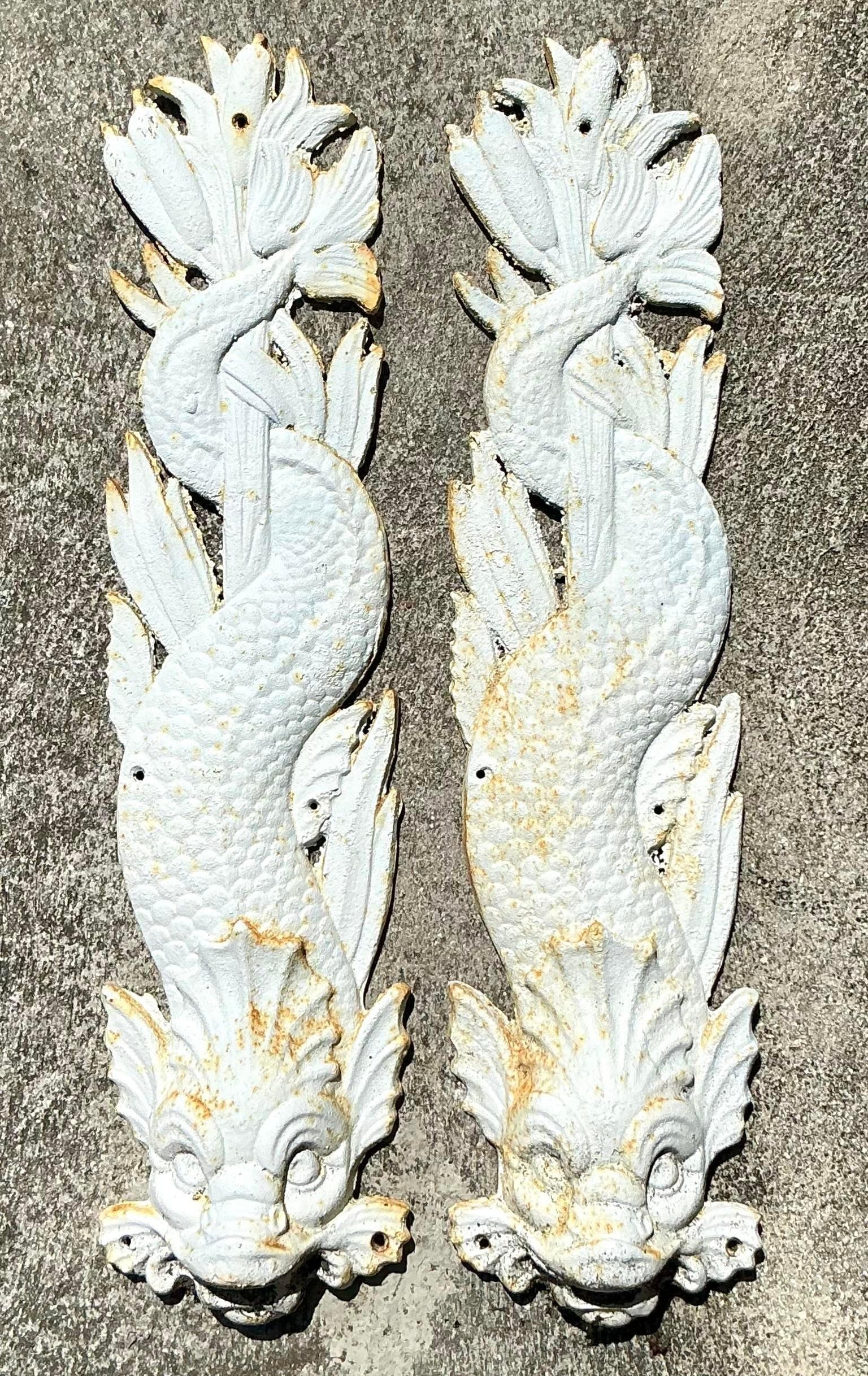 Vintage Coastal Cast Iron Dolphin Wall Plaques - a Pair For Sale 1