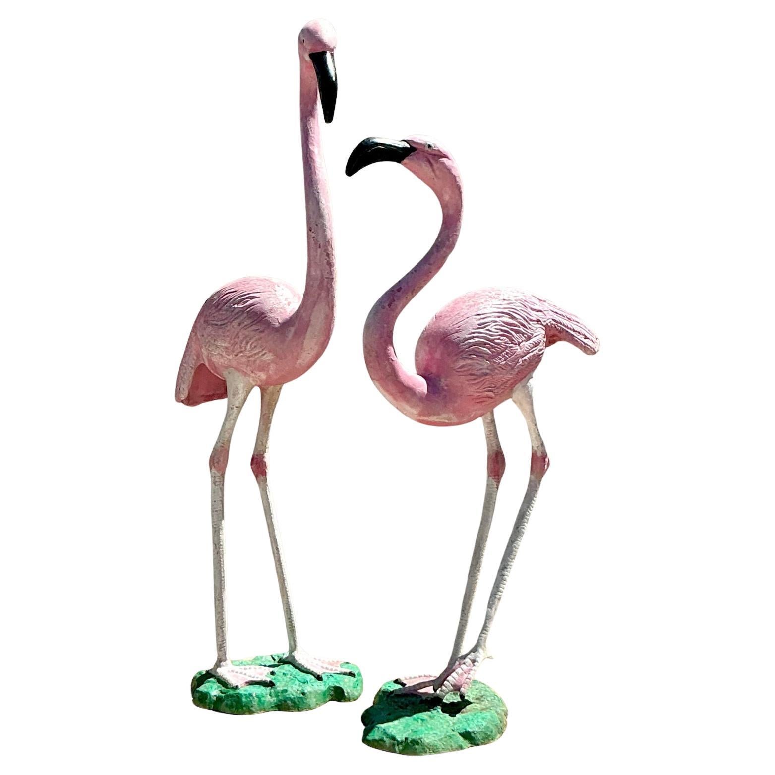 Paire de flamants roses en fonte d'origine côtière