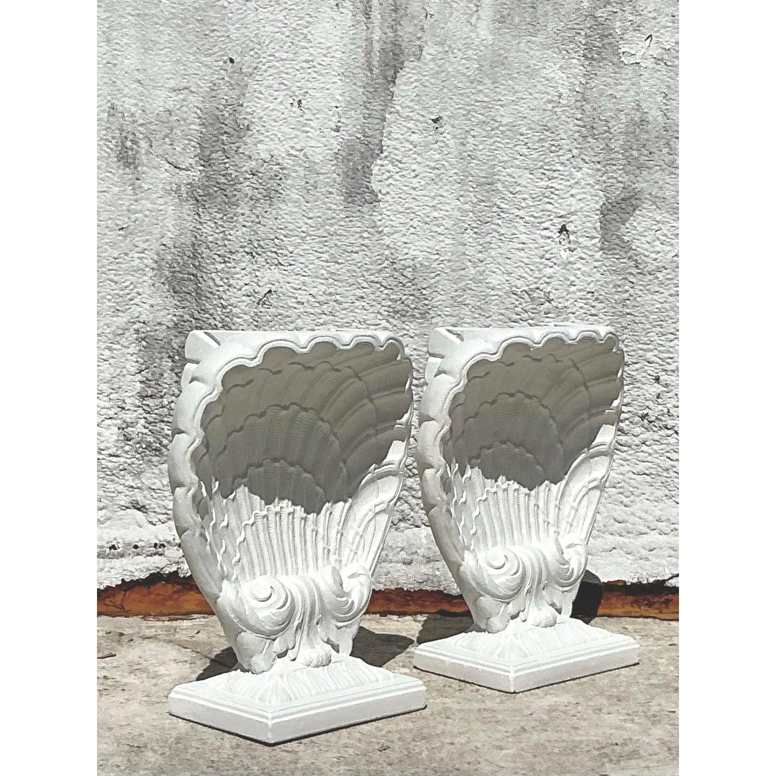 Neoclassical Vintage Coastal Cast Plaster Clam Shell Table Pedestals - Set of 2 For Sale