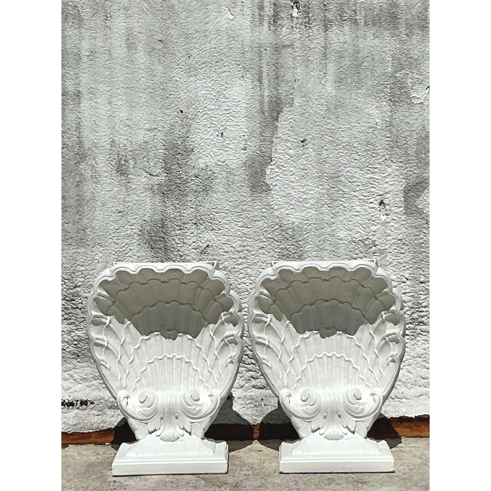 Vintage Coastal Cast Plaster Clam Shell Table Pedestals - Set of 2 In Good Condition For Sale In west palm beach, FL