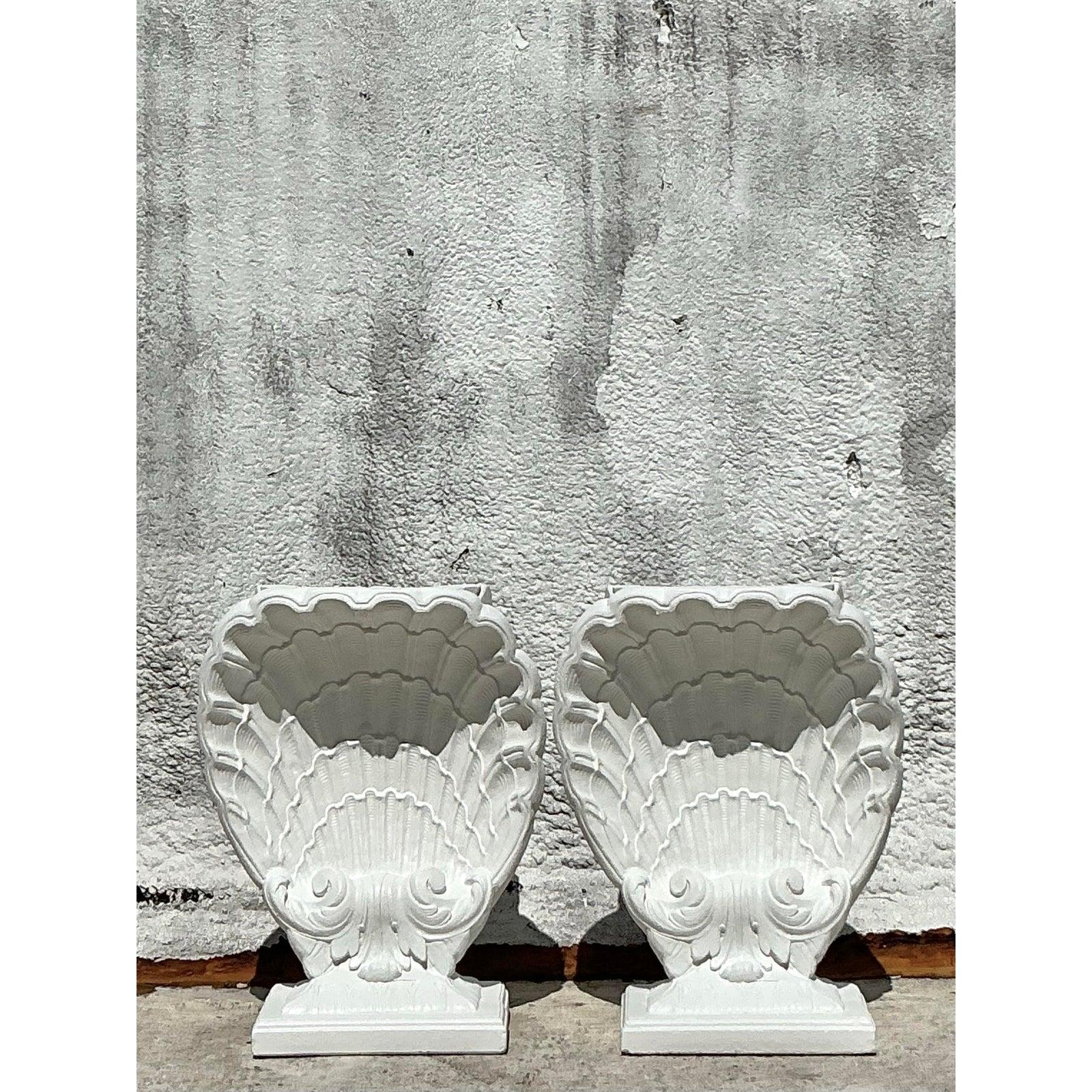 Vintage Coastal Cast Plaster Clam Shell Table Pedestals - Set of 2 For Sale 1