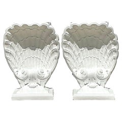 Vintage Coastal Cast Plaster Clam Shell Table Pedestals - Set of 2