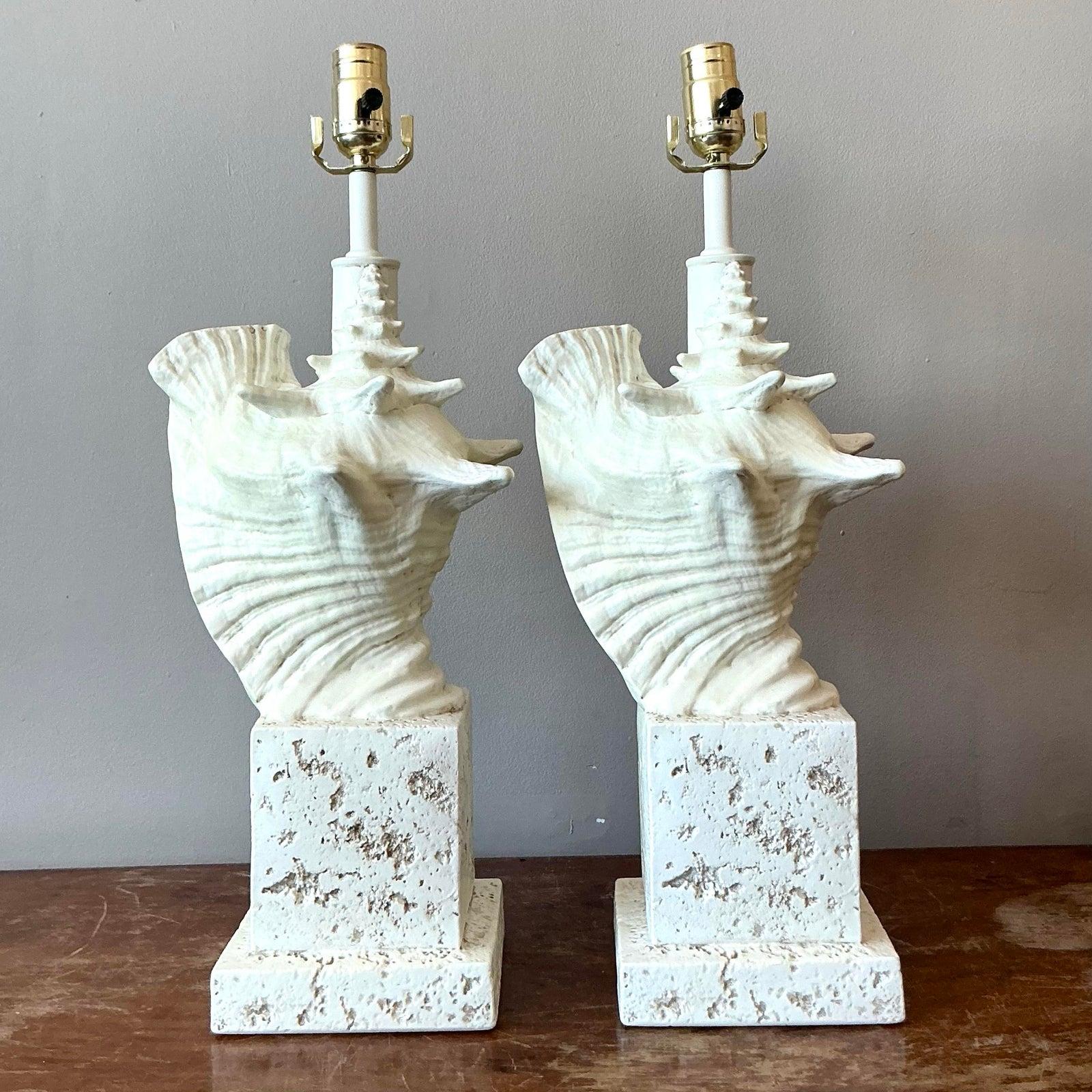 Hollywood Regency Vintage Coastal Cast Plaster Conch Shell Lamp - A Pair For Sale