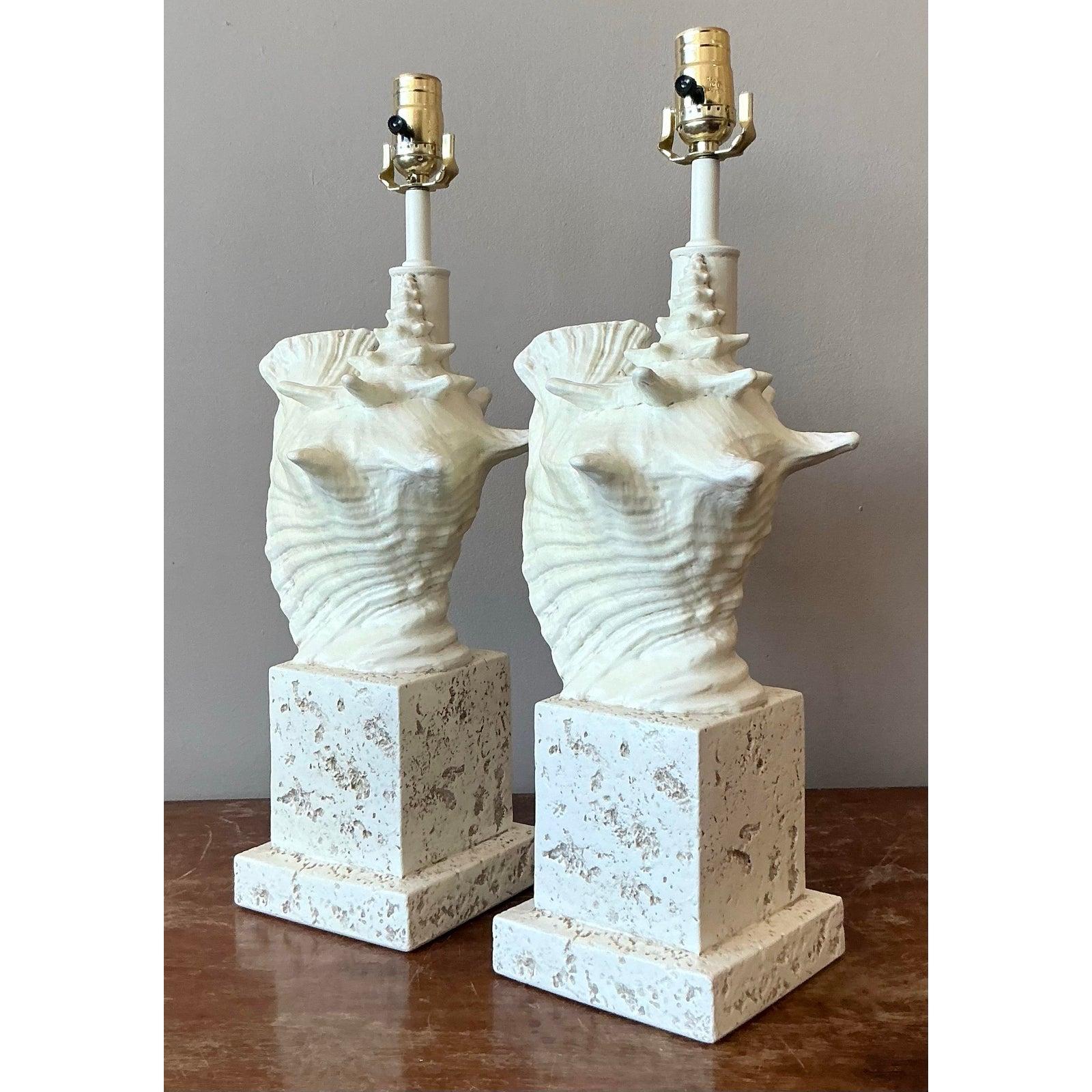 American Vintage Coastal Cast Plaster Conch Shell Lamp - A Pair For Sale