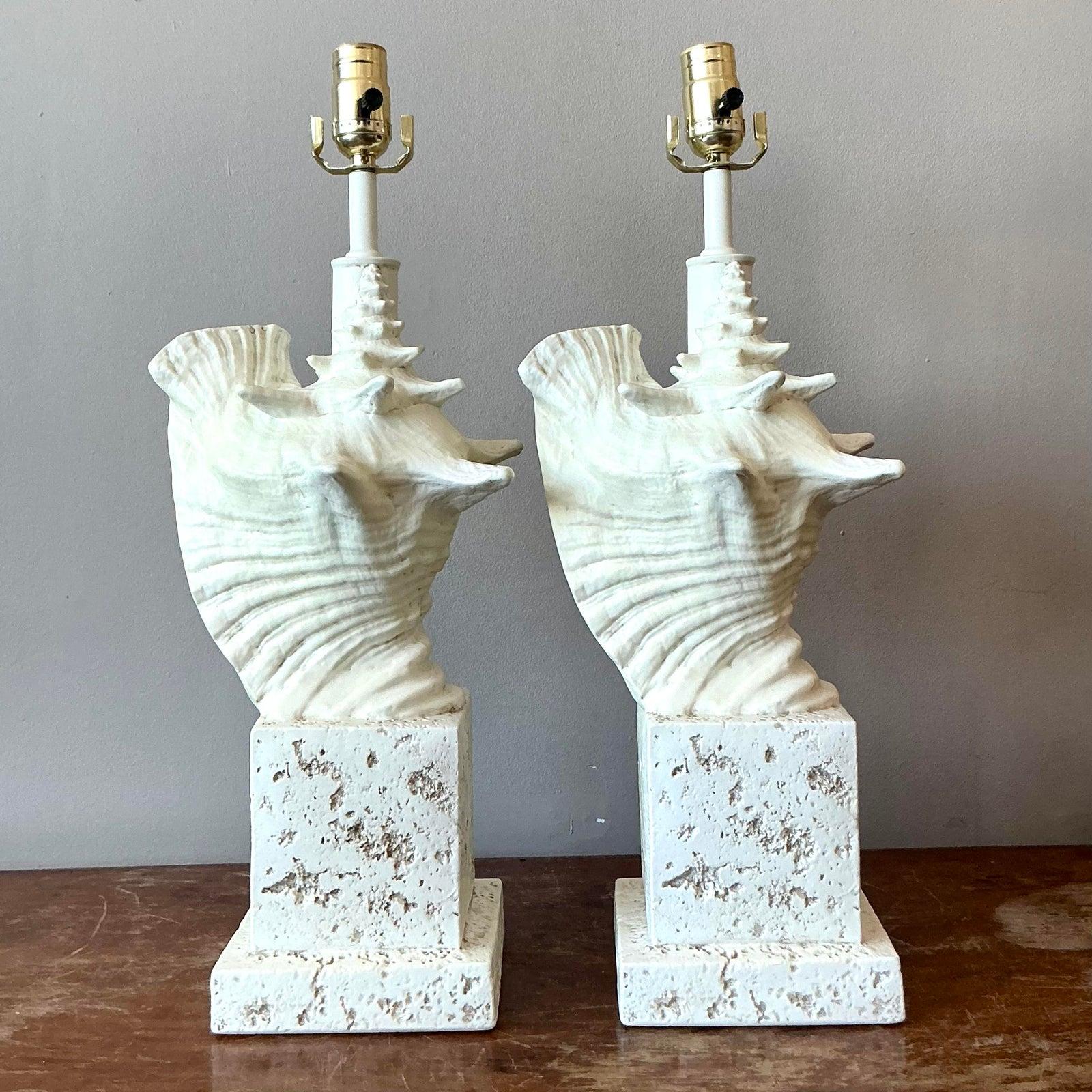 Brass Vintage Coastal Cast Plaster Conch Shell Lamp - A Pair For Sale