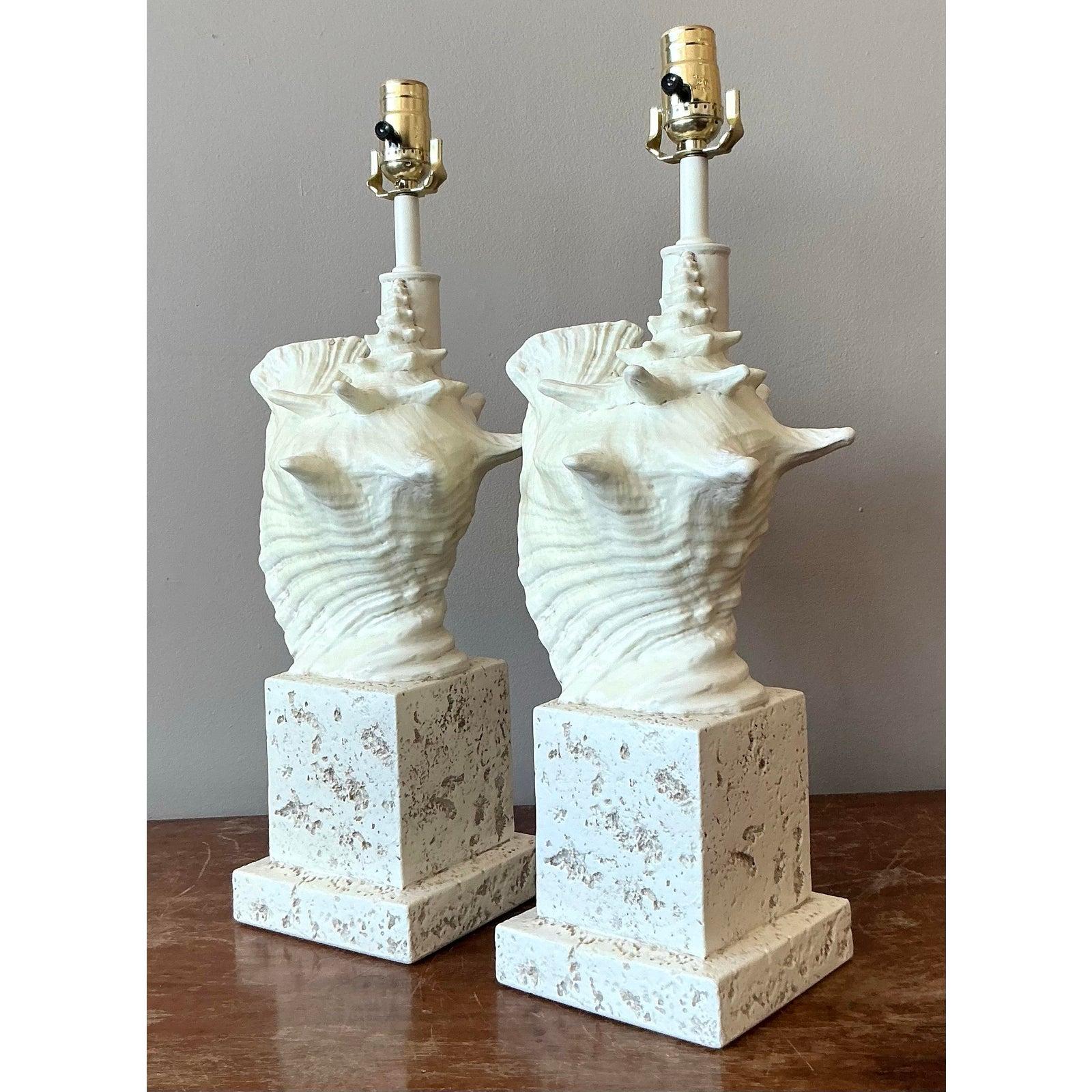 Vintage Coastal Cast Plaster Conch Shell Lamp - A Pair For Sale 1