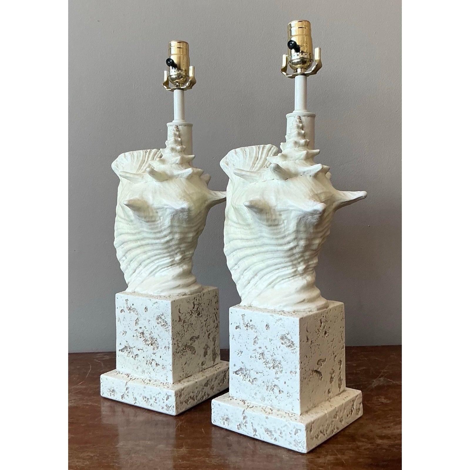 Vintage Coastal Cast Plaster Conch Shell Lamp - A Pair For Sale 2