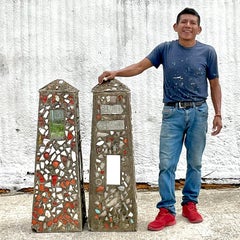 Vintage Coastal Cement Mosaic Garden Obelisks - a Pair