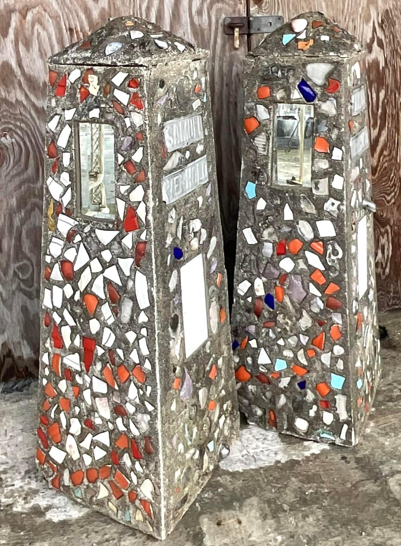 American Vintage Coastal Cement Mosaic Garden Obelisks - a Pair For Sale