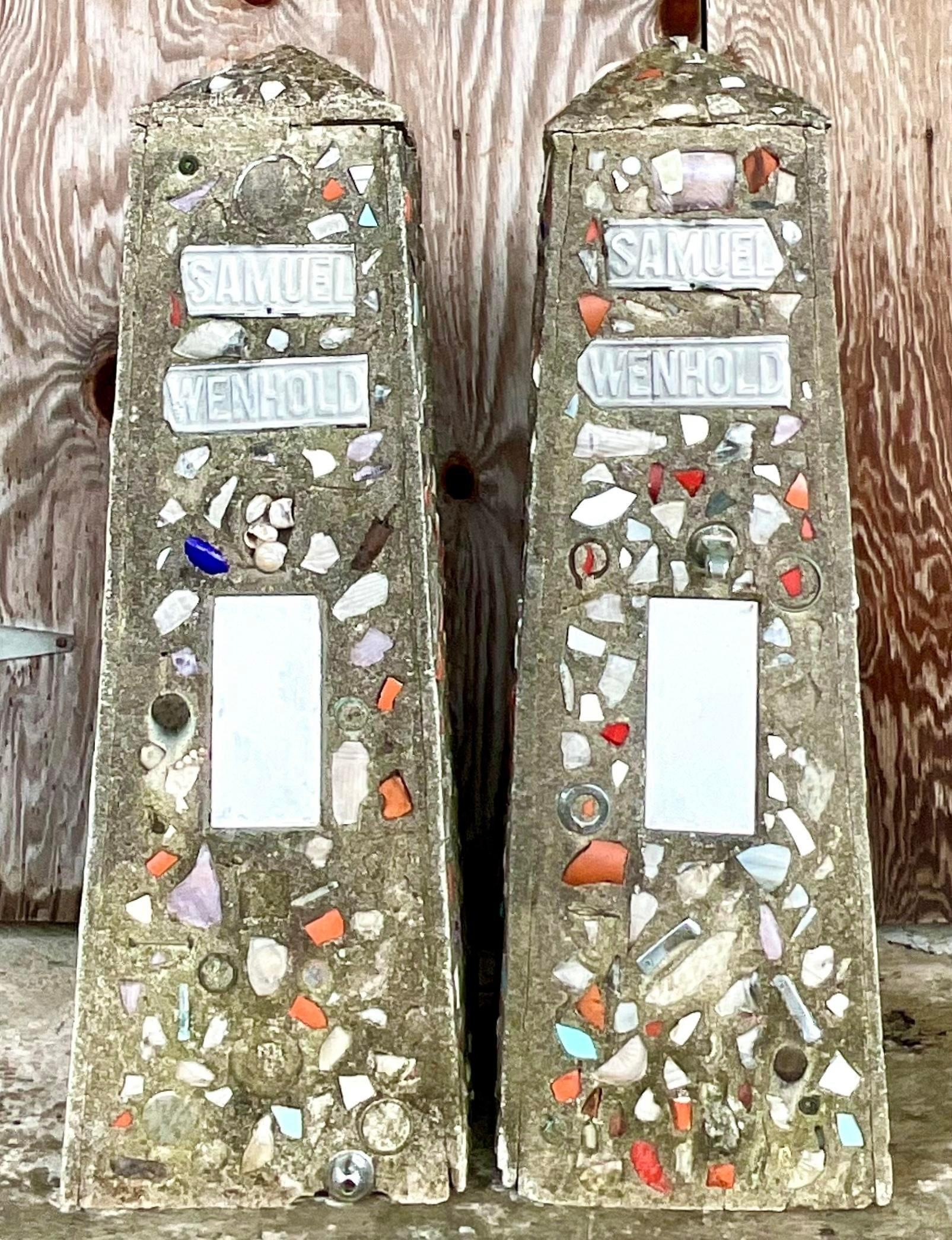 20th Century Vintage Coastal Cement Mosaic Garden Obelisks - a Pair For Sale