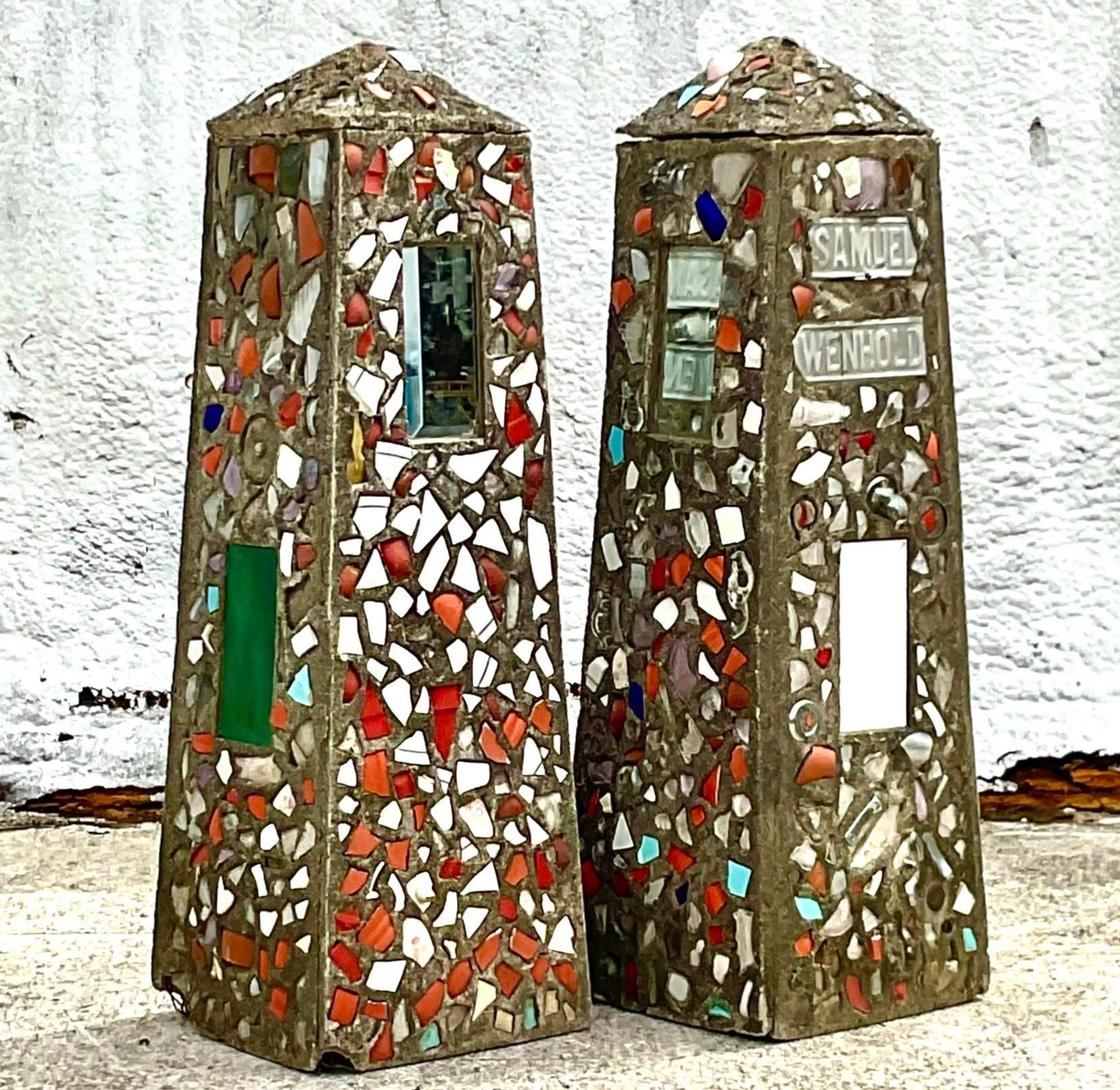 Ceramic Vintage Coastal Cement Mosaic Garden Obelisks - a Pair For Sale