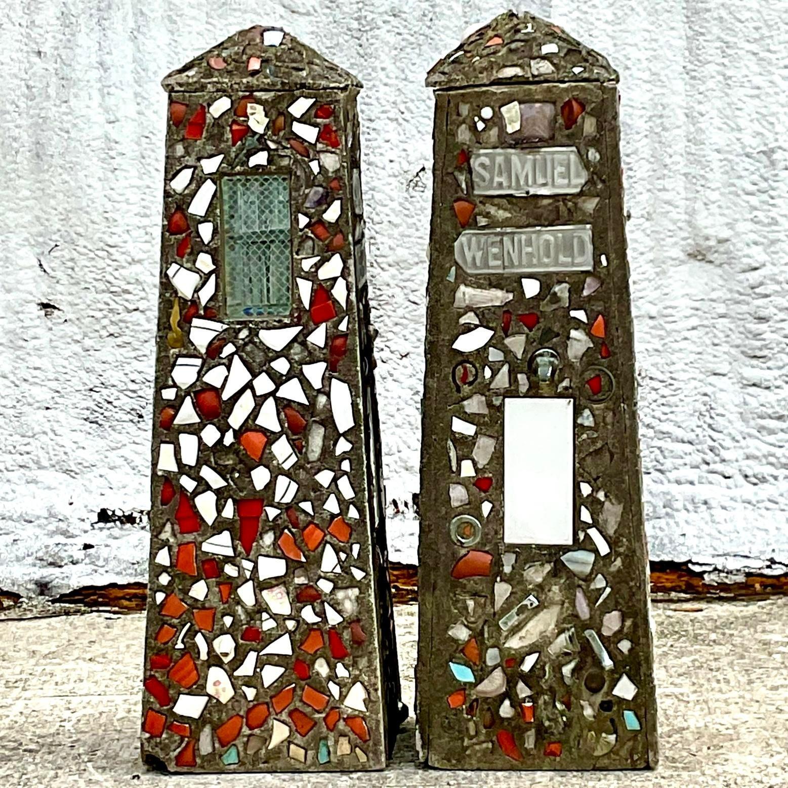 Vintage Coastal Cement Mosaic Garden Obelisks - a Pair For Sale 1