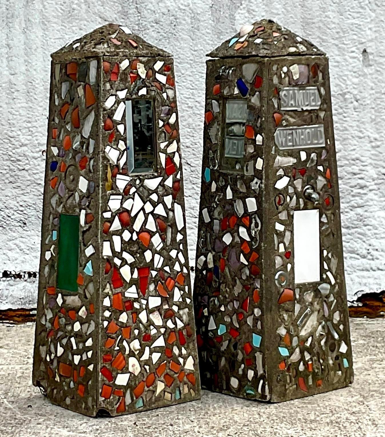 Vintage Coastal Cement Mosaic Garden Obelisks - a Pair For Sale 2