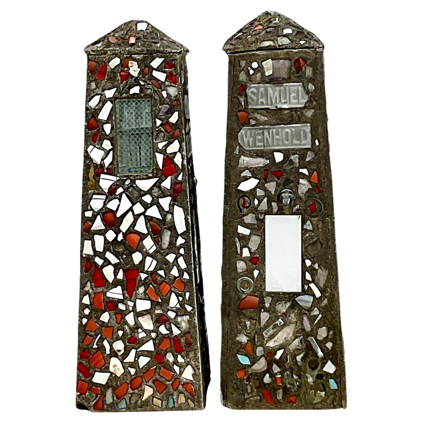 Vintage Coastal Cement Mosaic Garden Obelisks - a Pair For Sale