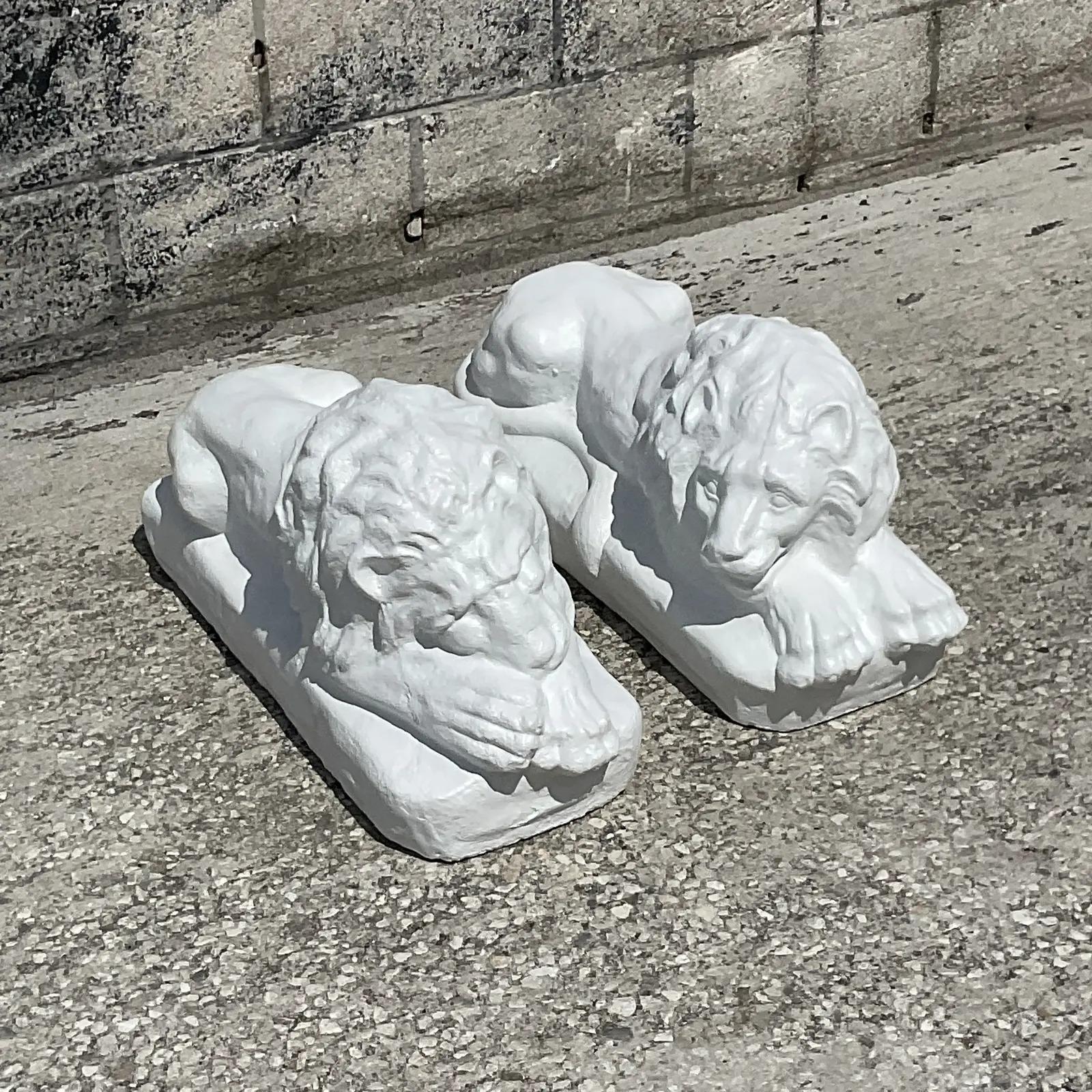 North American Vintage Coastal Cement Reclining Lion Statues - a Pair