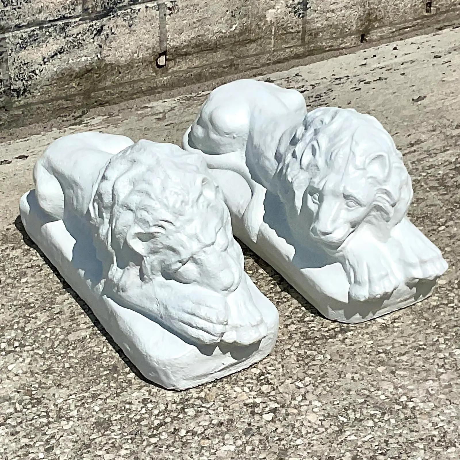 Vintage Coastal Cement Reclining Lion Statues - a Pair In Good Condition In west palm beach, FL