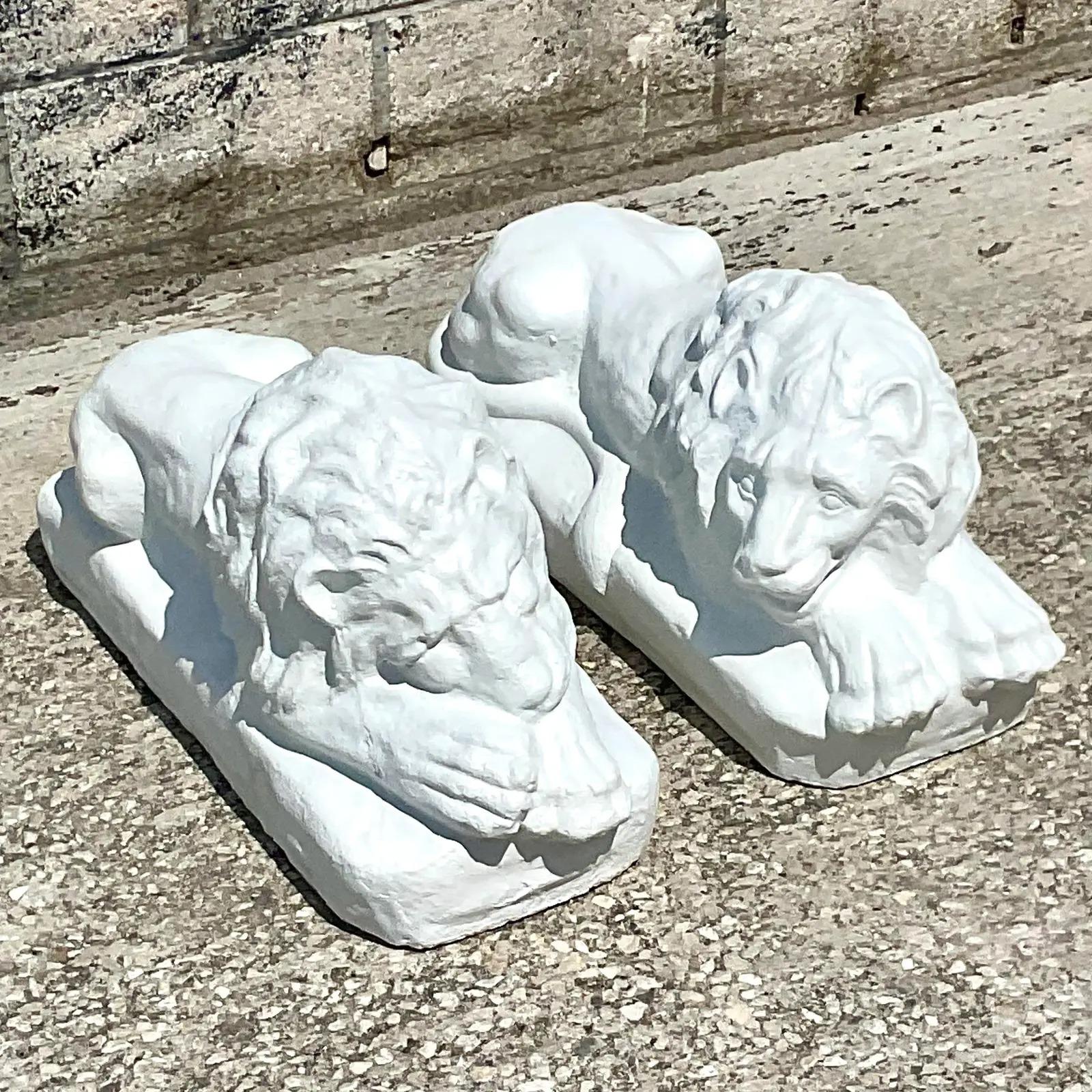 Plaster Vintage Coastal Cement Reclining Lion Statues - a Pair