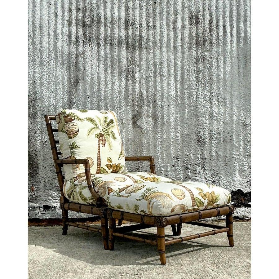 Vintage Coastal Century Carved Bamboo Lounge Chair and Ottoman Set For Sale 4
