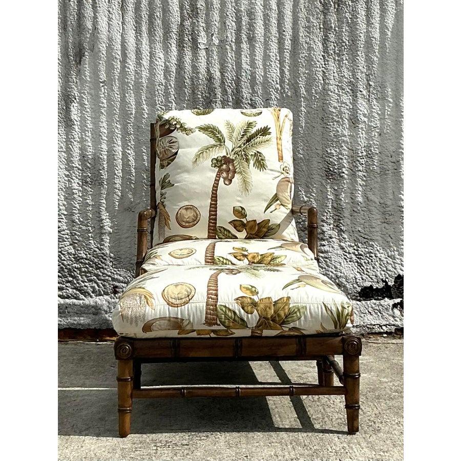 Vintage Coastal Century Carved Bamboo Lounge Chair and Ottoman Set For Sale 5