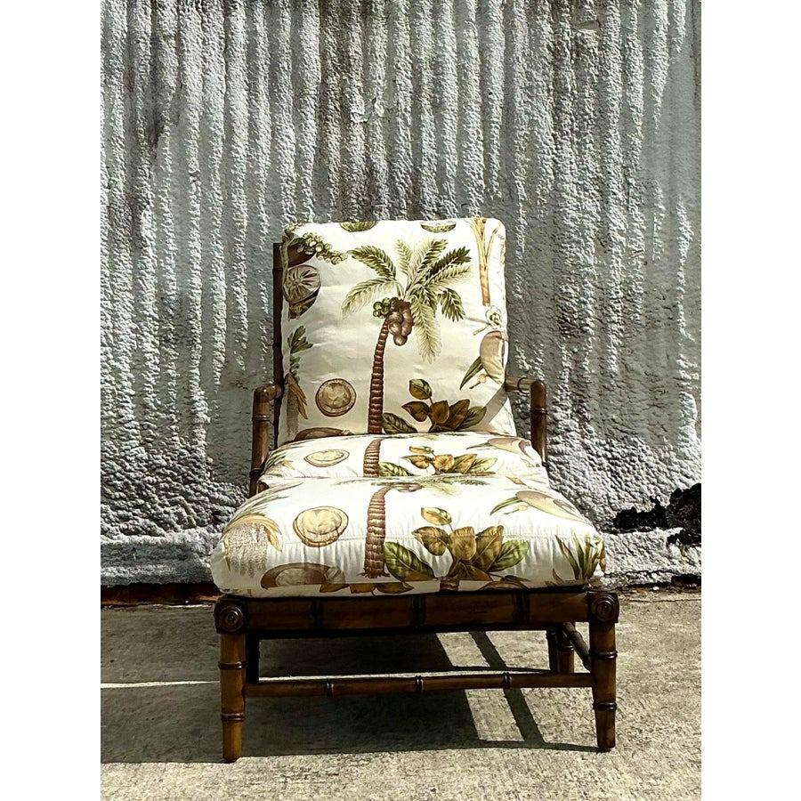 American Vintage Coastal Century Carved Bamboo Lounge Chair and Ottoman Set For Sale
