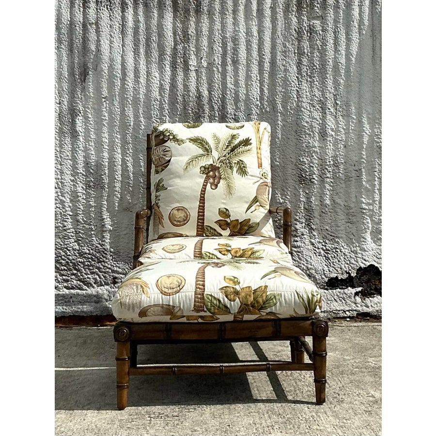Vintage Coastal Century Carved Bamboo Lounge Chair and Ottoman Set In Good Condition For Sale In west palm beach, FL