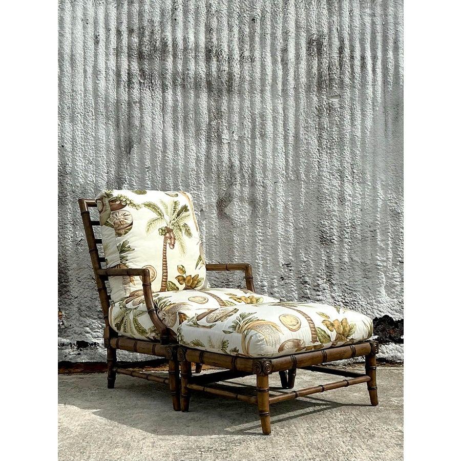 20th Century Vintage Coastal Century Carved Bamboo Lounge Chair and Ottoman Set For Sale