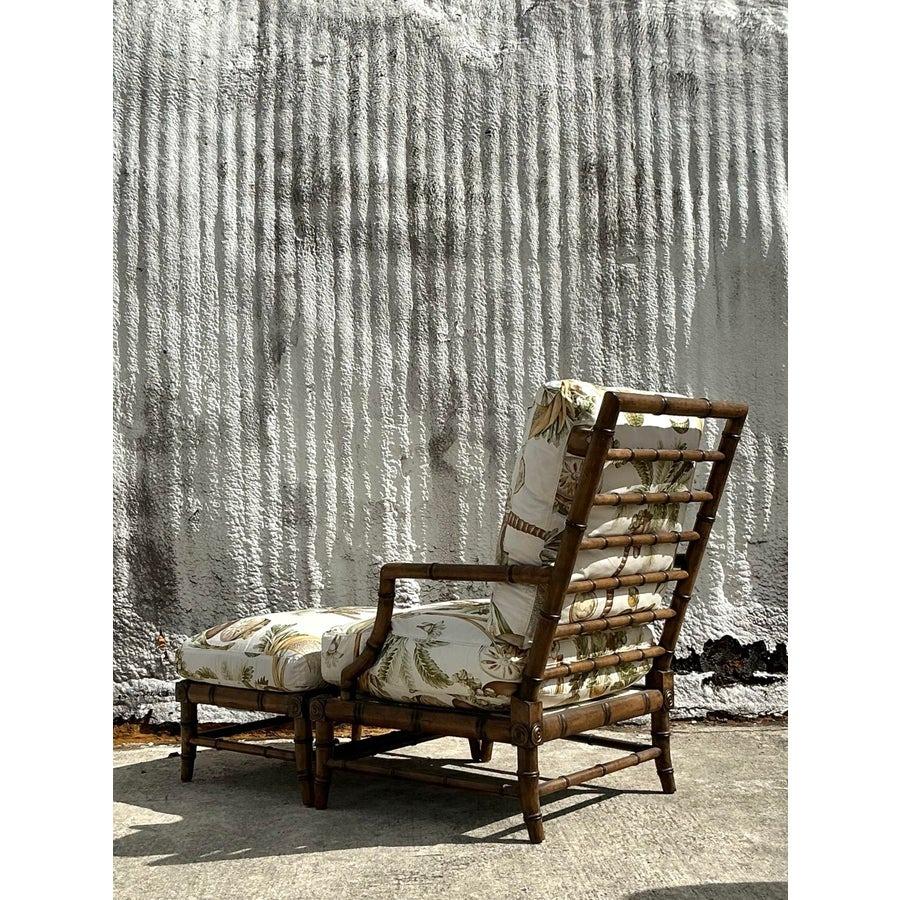 Fabric Vintage Coastal Century Carved Bamboo Lounge Chair and Ottoman Set For Sale