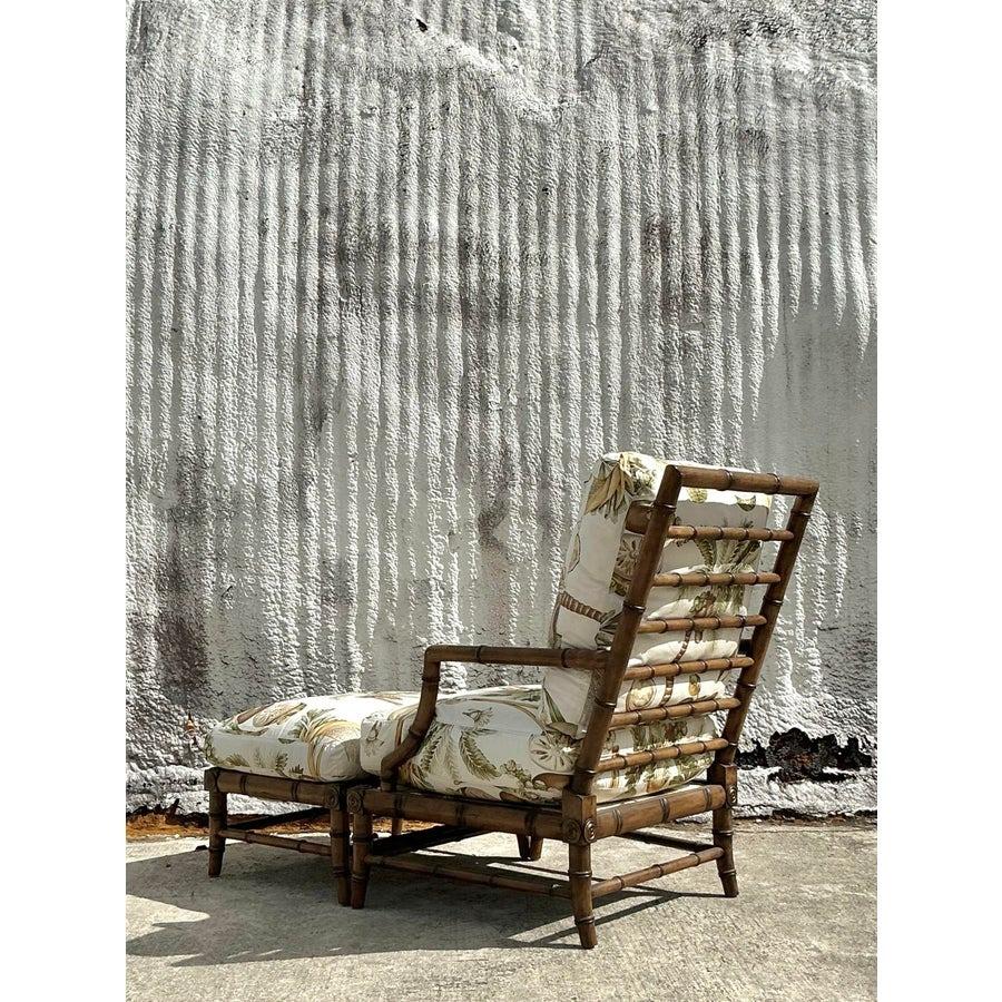 Vintage Coastal Century Carved Bamboo Lounge Chair and Ottoman Set For Sale 3