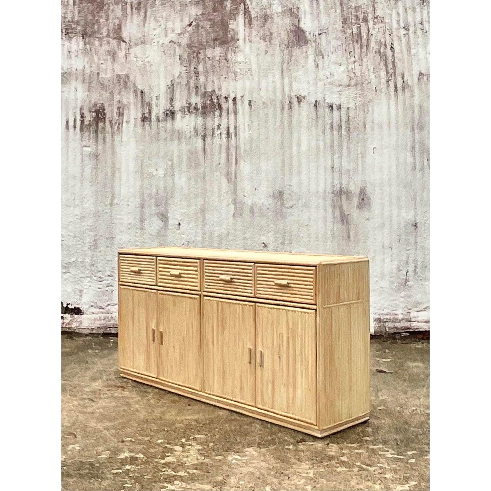 Vintage Coastal Cerused Bamboo Credenza In Excellent Condition In west palm beach, FL