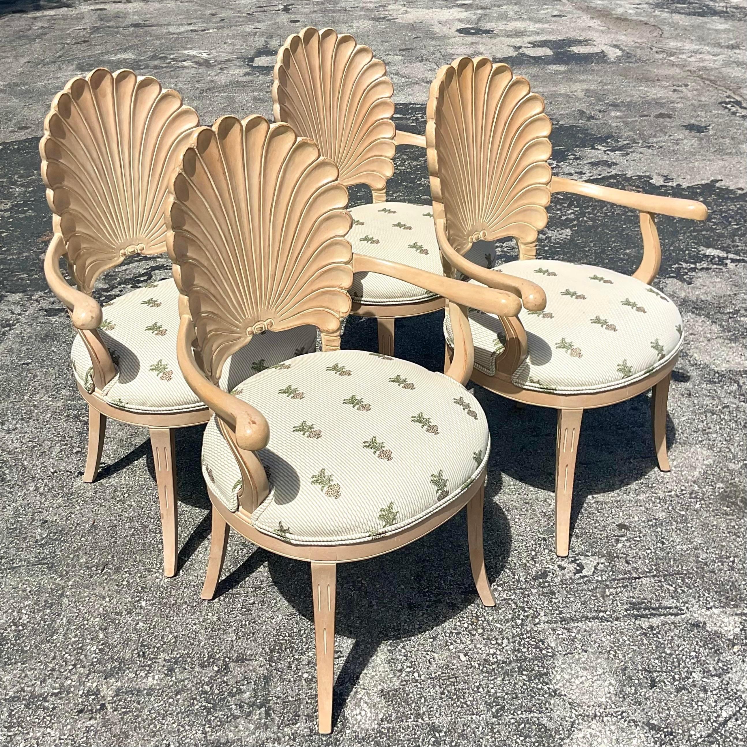 Vintage Coastal Cerused Carved Grotto Chairs, Set of Four 4