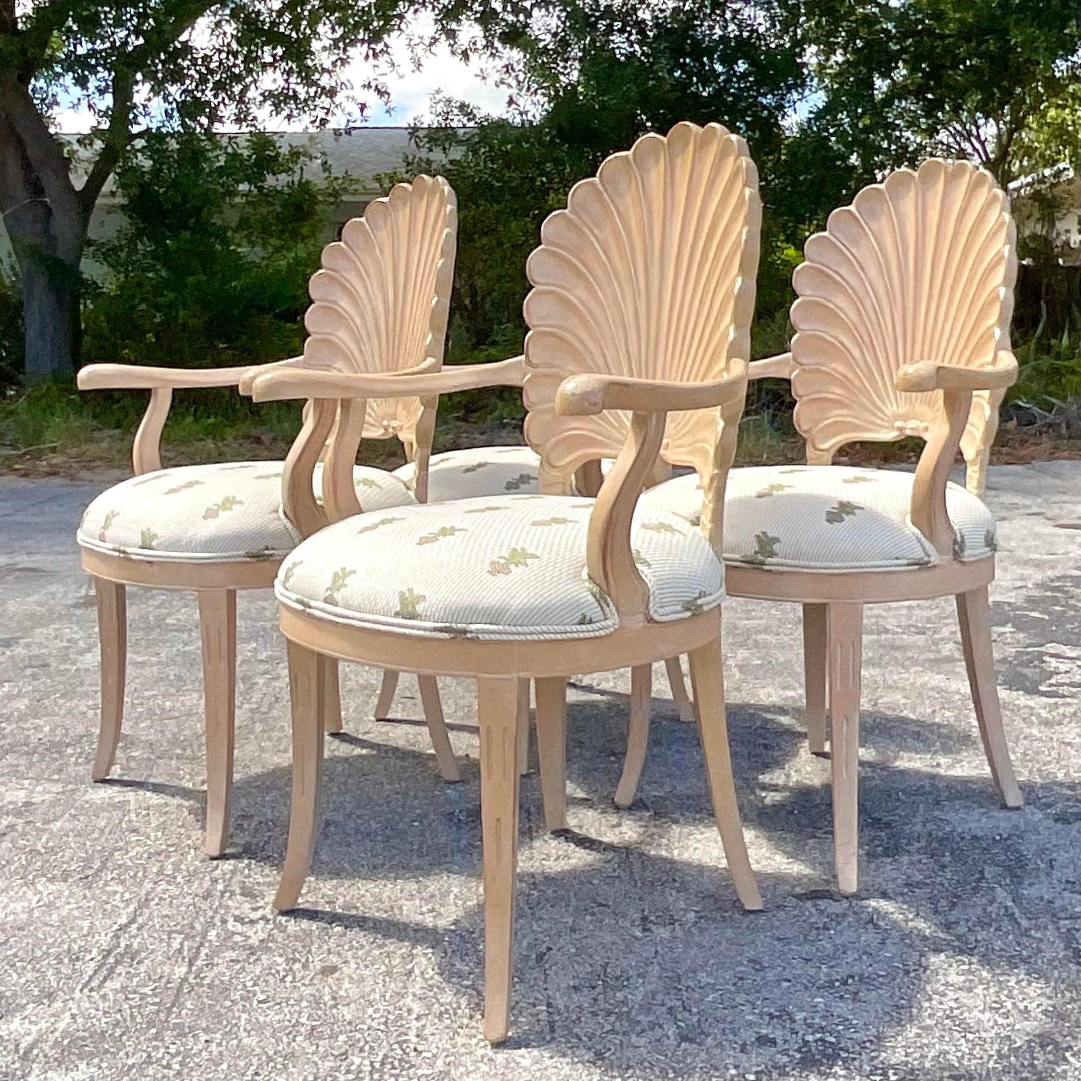 American Vintage Coastal Cerused Carved Grotto Chairs, Set of Four