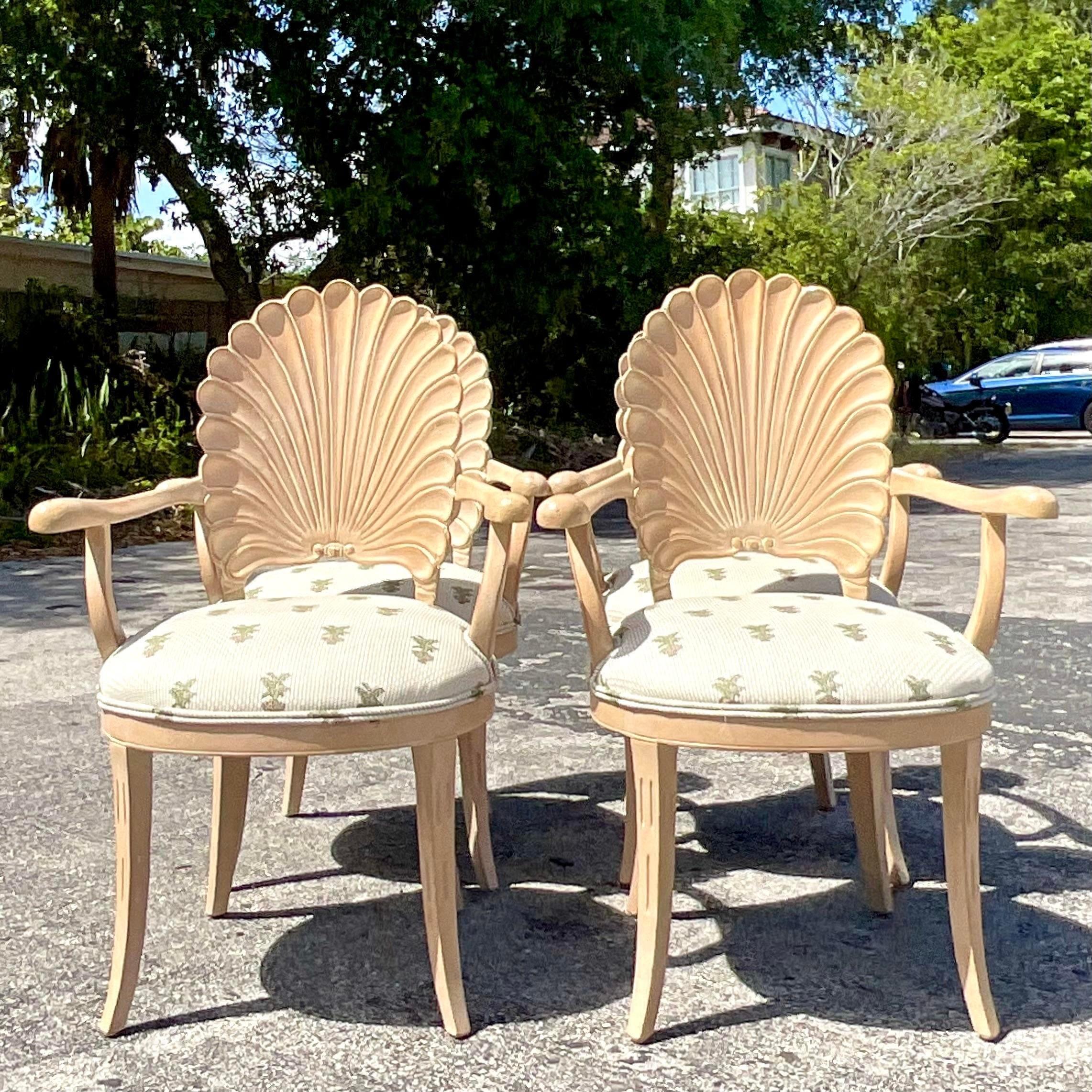 Vintage Coastal Cerused Carved Grotto Chairs, Set of Four In Good Condition In west palm beach, FL