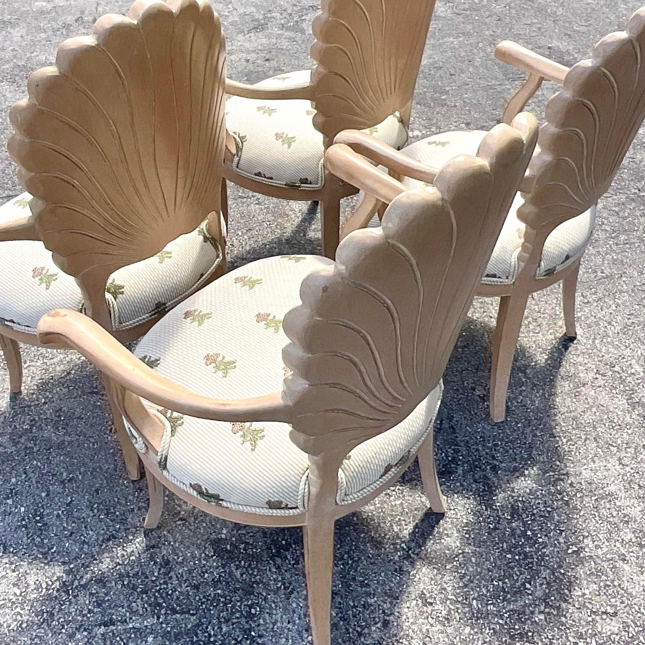 Wood Vintage Coastal Cerused Carved Grotto Chairs, Set of Four