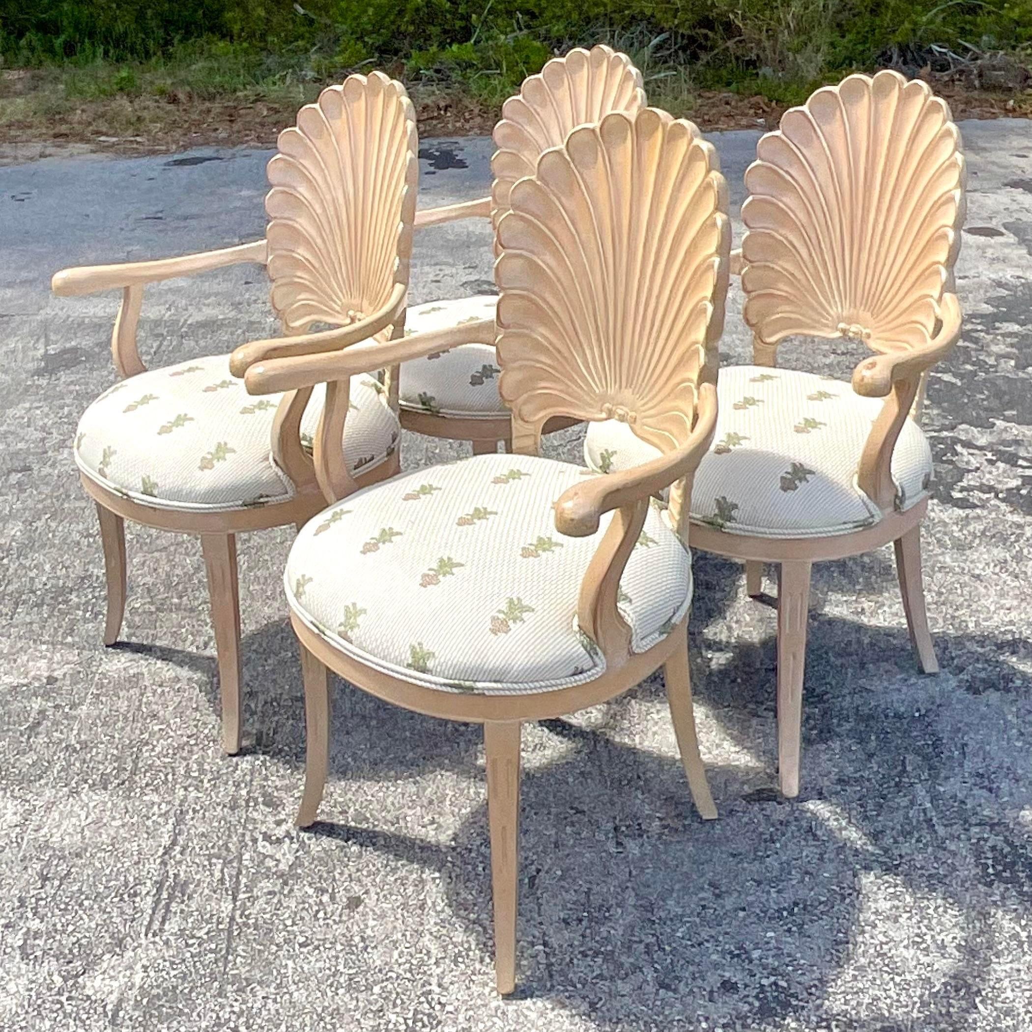 Vintage Coastal Cerused Carved Grotto Chairs, Set of Four 3